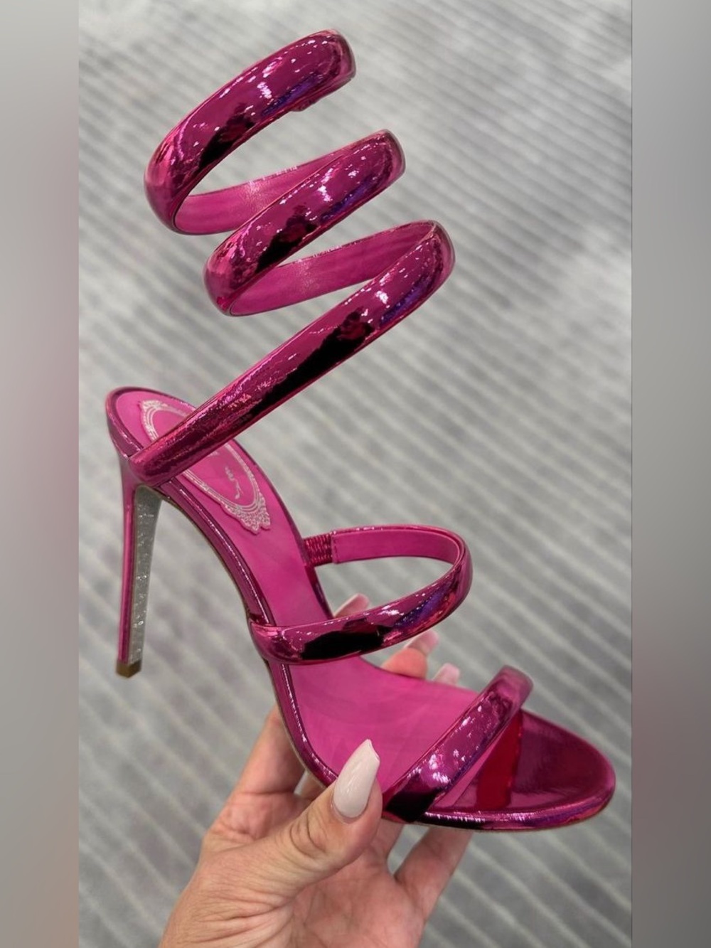 Rene Caovilla Metallic Fuchsia Spiral-Strap Heels